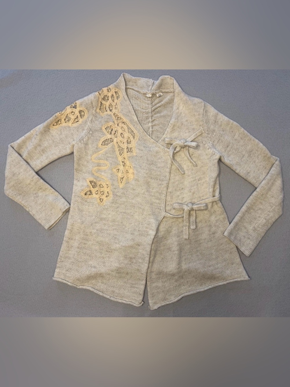 Anthropologie MOTH Wool/Linen Blend Ivory Crochet Wrap Tie Front Sweater Top S